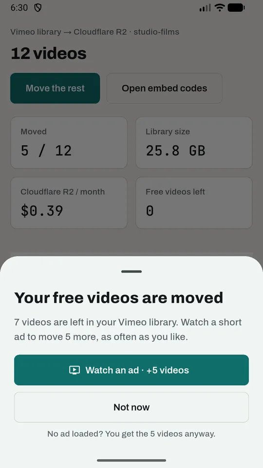 Keepreel on Android: watch a short ad to move 5 more videos