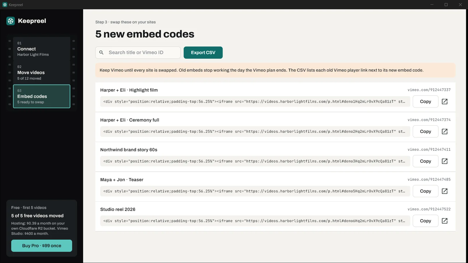 The embed codes screen with copy buttons and Export CSV