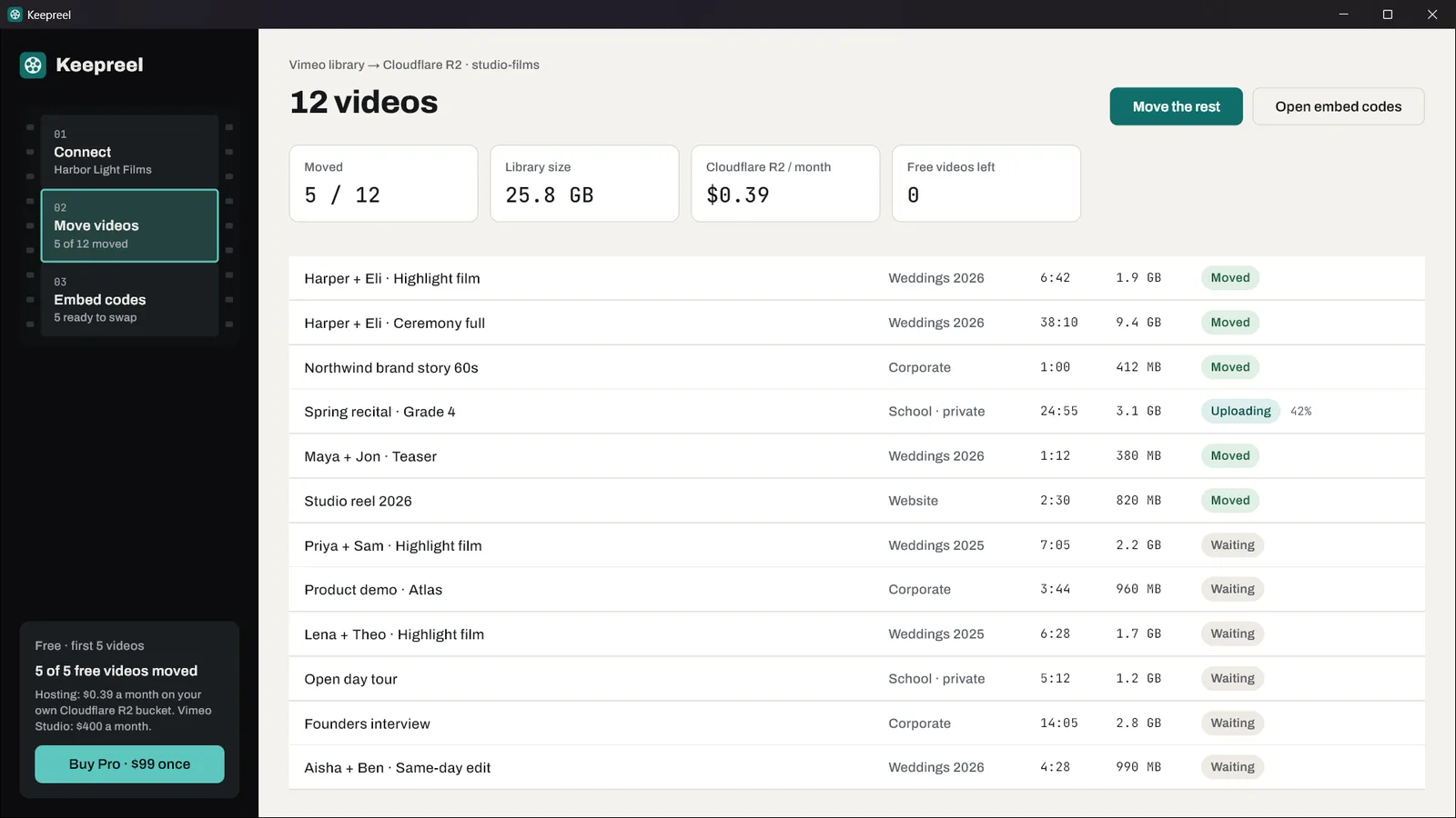 Keepreel on Windows moving a library of 12 videos to a Cloudflare R2 bucket